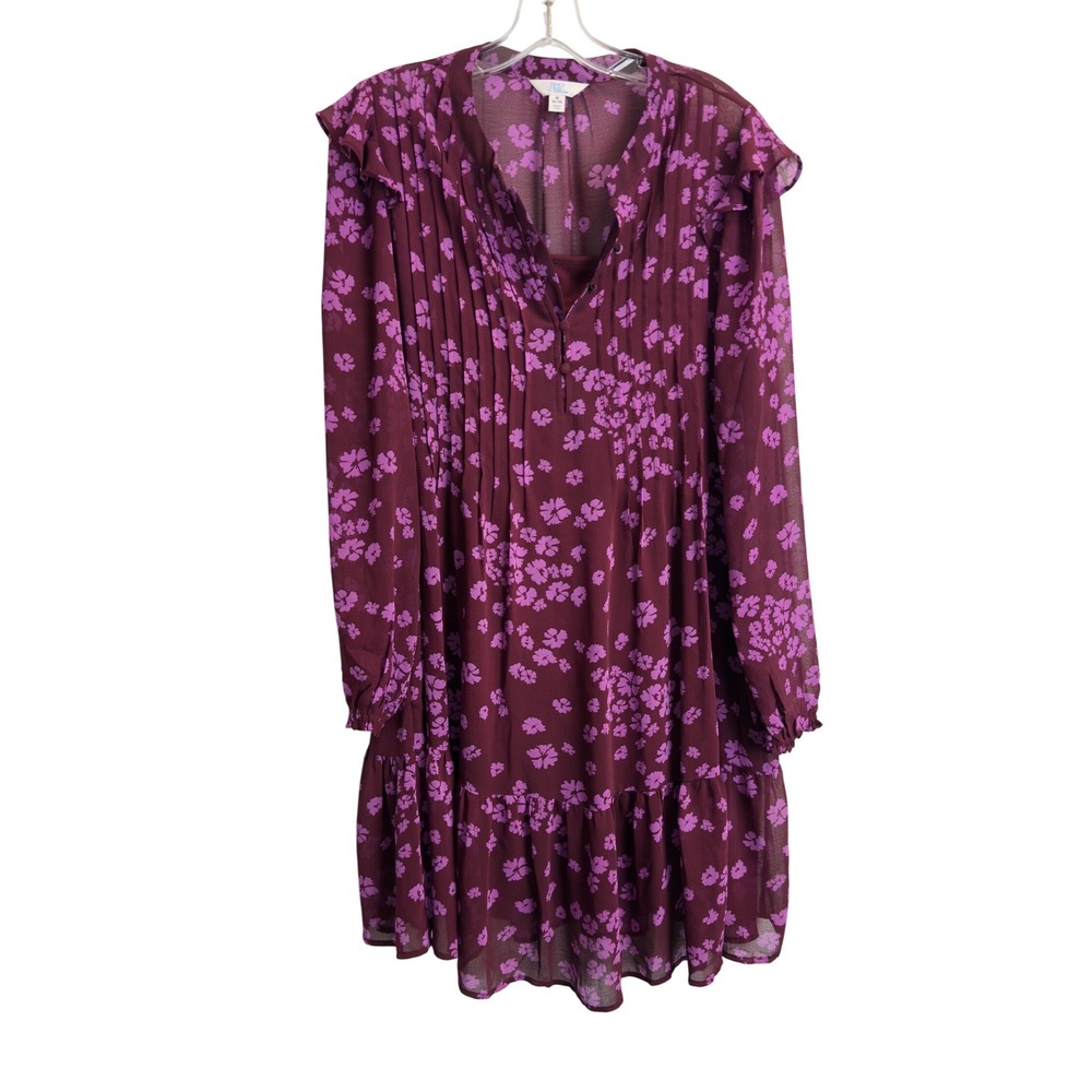 Time and Tru Womens M 8-10 Burgundy Purple Floral Pleated Chiffon Mini Dress